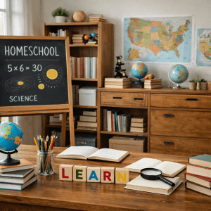 Teacher and two kids writing in notebooks during homeschool science session