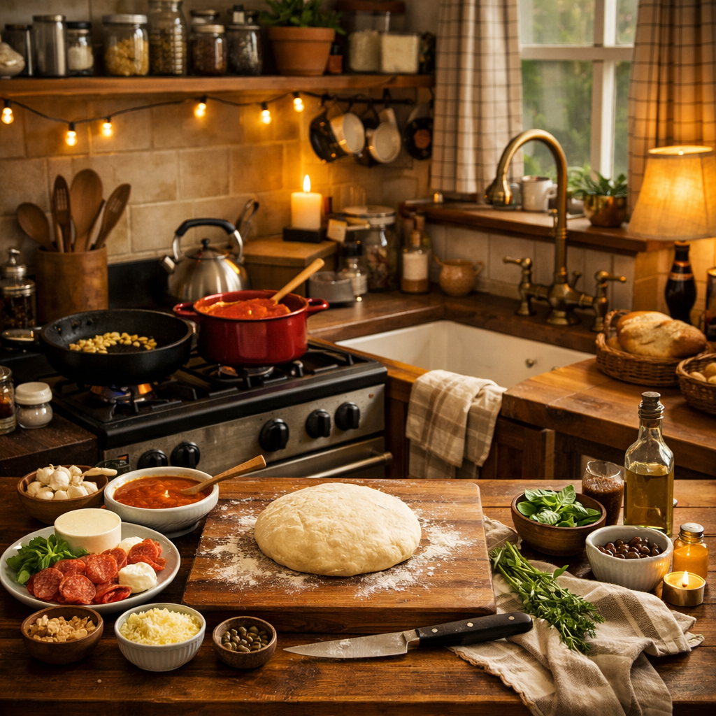 Pizza dough on wooden board with toppings and sauce in a cozy kitchen