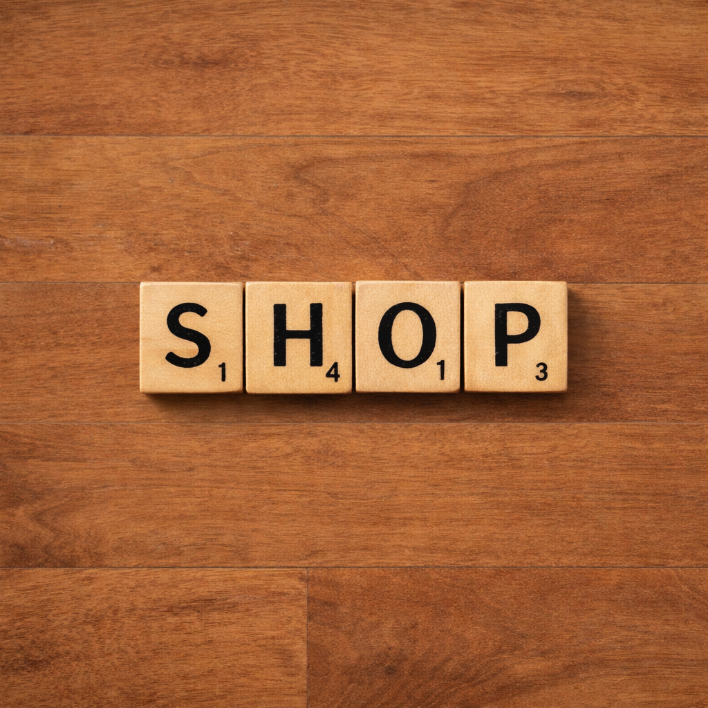 Scrabble tiles scattered with the word SHOP spelled out in the center